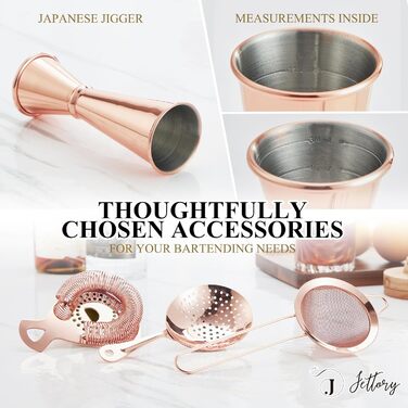 Набір шейкерів Boston - 16 предметів, нержавіюча сталь, рожеве золото, з акриловою основою, сито, щипці для льоду, барна ложка, мірний стакан, мадлер, виливач для пляшок та коктейльні шпажки