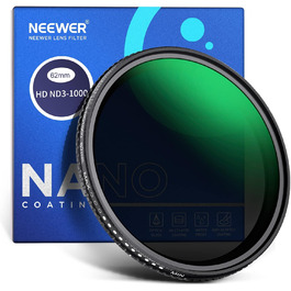 Фільтр ND3-ND1000 Neewer з регульованою щільністю, 62 мм, HD-скло, Nano-покриття, водонепроникний, з алюмінієвим каркасом