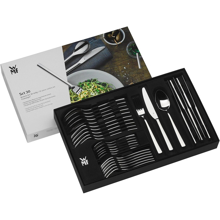 WMF Silk Stainless Steel Cutlery Set, 6 Place Settings, 30-Piece Dinner Set, Monobloc Knives, Cromargan Stainless Steel Satin Finish, Dishwasher Safe
