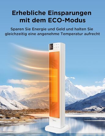 Midea NTH20-22GR(WH) Heater - Energy-Saving, Quiet with Remote Control, PTC 2000 Watt Ceramic Heater with Thermostat, 2 Heat Settings, 24H Timer, ECO Mode, for Large Rooms, 75° Oscillation, 76.5CM
