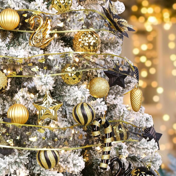Набір прикрас для ялинки Alupssuc 128 шт: кулі, квіти, стрічки, верхівка, гачки. Чорний та золотий, синій та золотий.