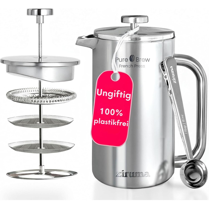 Френч-прес Ziruma 1 літр: нетоксичний, з нержавіючої сталі, з подвійними стінками та термосистемою