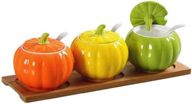 YBK Tech Cute Pumpkin Candy Jar Ceramic Sugar Bowl for Coffee Tasting (3 Pieces + Wooden Holder)