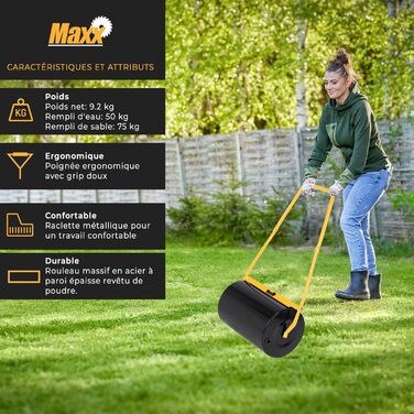 MaxxGarden Fillable Lawn Roller - Fillable garden roller with sand or water - Up to 50L - Lawn roller for lawns - 50cm x 32cm - Roller for leveling and pressing seeds - Size M - Black/Yellow