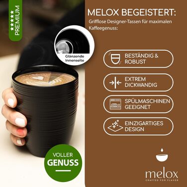 Набір керамічних чашок MELOX: 4 чашки для капучино з порцеляни (білі, 200 мл) та 2 чашки для лате (чорні, 300 мл) без ручок