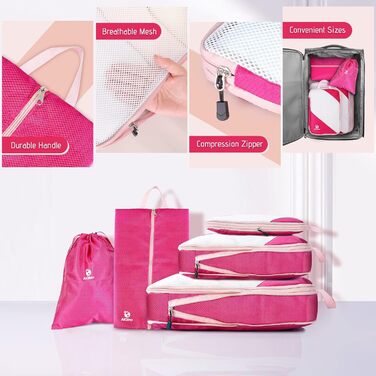 Набір органайзерів для валізи AiQInu, 5 шт. з компресією, для подорожей, рожевий