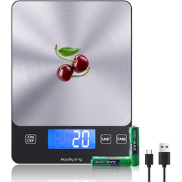 Кухонні ваги електронні, 15 кг, точність 1 г, USB-C, харчові, професійні, сріблясті