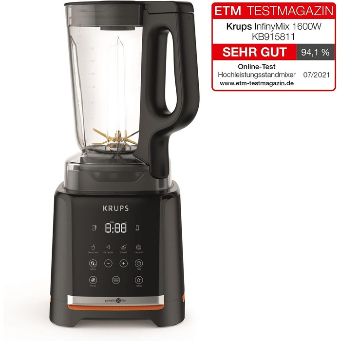 Krups Highspeed Stand Mixer InfinyMix KB9158 | 1600 W | 5 automatic programs + manual setting | Tritan container | includes recipe booklet | Smoothies, Shakes, Crushed Ice | Black