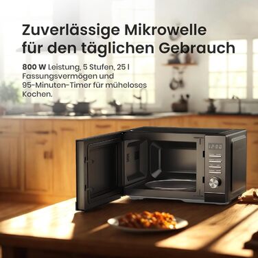 Мікрохвильова піч HMW-MD25DMRBK Mirror Black, 25 л, 800 Вт, 5 рівнів потужності, таймер, функція розморожування, чорний колір, поворотний піднос 28,5 см, 3 роки гарантії