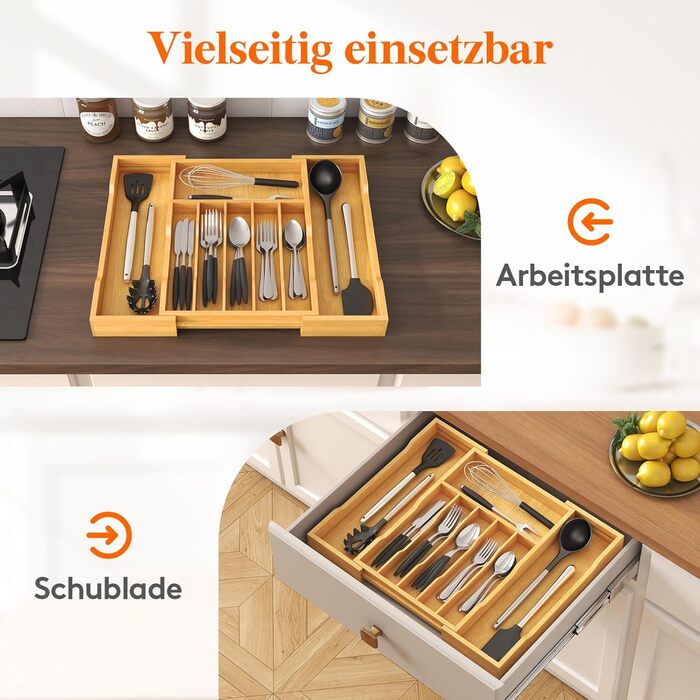 Органайзер для столових приборів Lifewit для шухляд 43 см, дерев'яний, розширюваний (31-53 см), бежевий