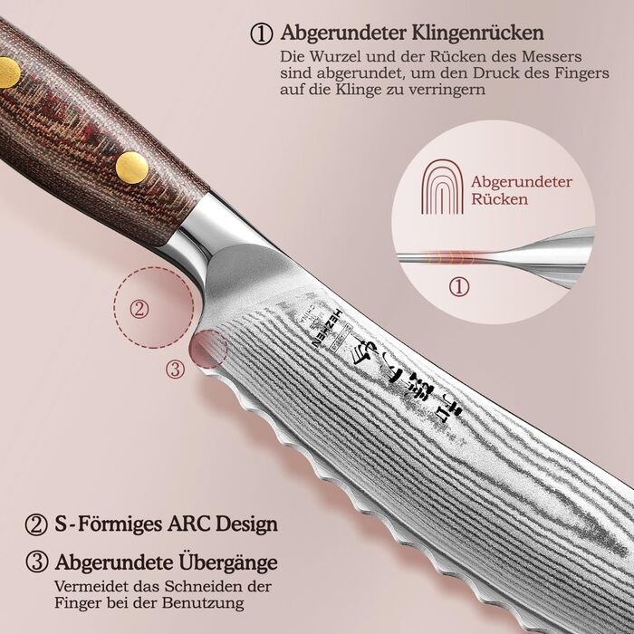 HEZHEN ніж кухарський 21 см з дамаської сталі 67 шарів, професійний, з дерев'яною піхвою, Full Tang з мікарти