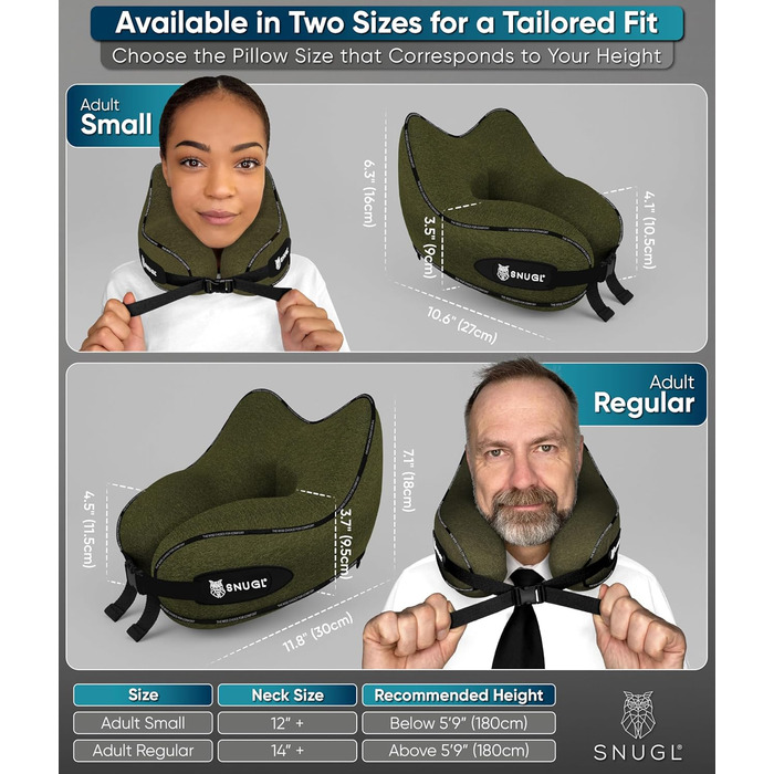 Подушка для шиї SNUGL з Memory Foam, регульована та миюча | Зручна подушка для подорожей на літаку, в авто та в дорогу | Подушка-шия, Neck Travel Pillow (доросла, маленька, оливковий)