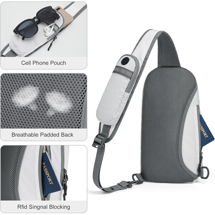 G4Free Сумка через плече/рюкзак, RFID-захист, з передньою кишенею, для походів, для щоденного використання, з нагрудною кишенею, білий, для жінок та чоловіків