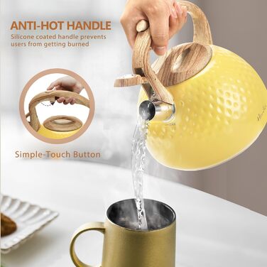 Чайник Harriet Teekessel для плити, 2.5 QT, флейтовий, з 5-шаровим дном, з нержавіючої сталі, з термостійкою ручкою, для газових та електричних плит, червоний глянцевий (жовтий глянцевий)