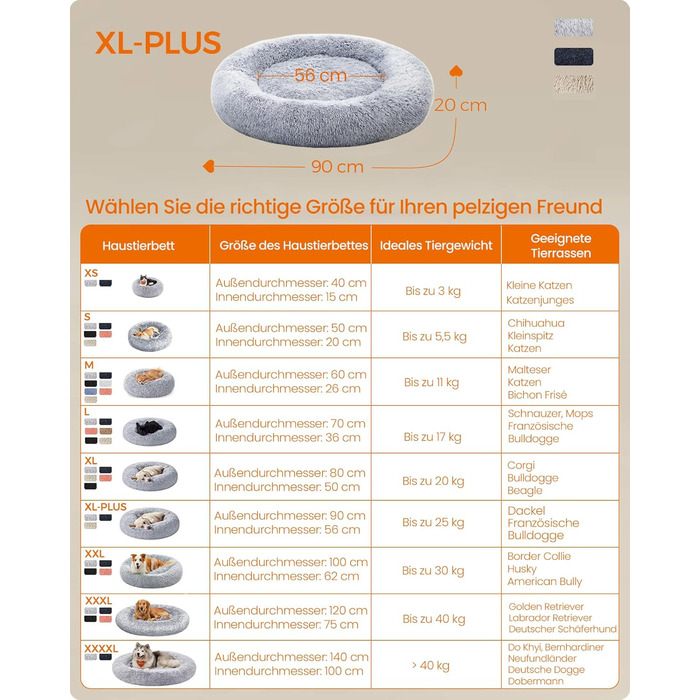 Кругла лежанка для собак та котів Feandrea, м'яка, з подушкою, 60 см, Ombré-Gray, PGW038G01