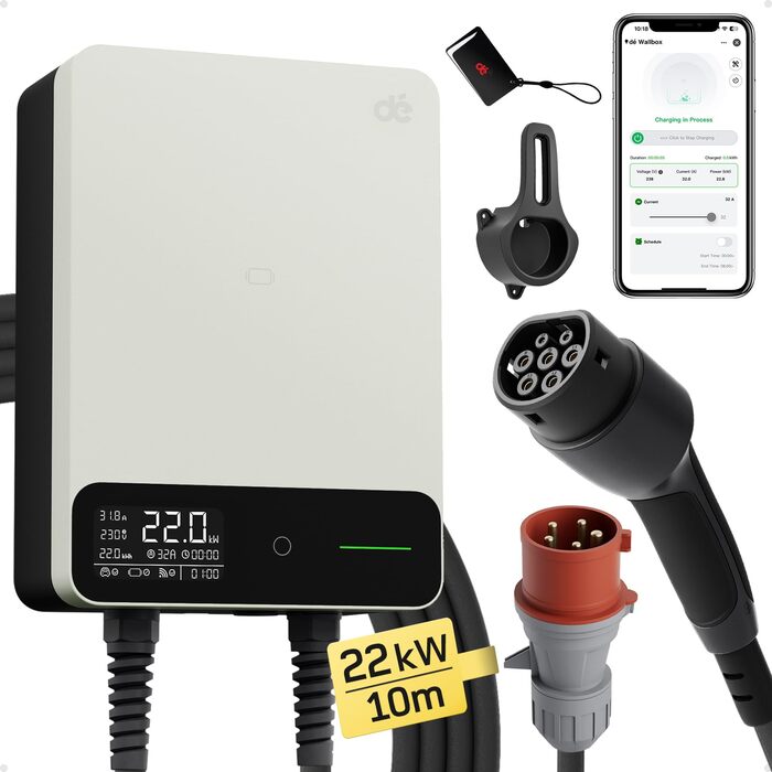Wallbox 11 кВт з APP, кабель Type 2 7.5м з тримачем, 3-фазний зарядний пристрій для електромобілів (6-16A, 400V), BEV/PHEV, RCD Type A 30mA AC + 6mA DC, IP54, чорний. CEE 22кВт, 10м білий.