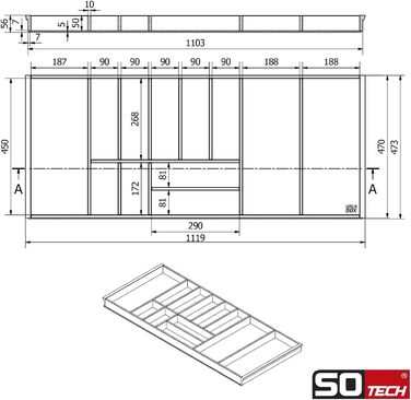 Orga-Box-1 BAMBUS Cutlery Insert with 15 compartments for Blum Tandembox/Antaro drawers, 1119 x 473 mm in a 120 cm wide cabinet. Cutlery box suitable for Wellmann and Alno kitchens and many others.