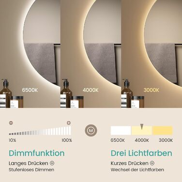 Круглий дзеркало для ванної кімнати EMKE з підсвіткою 80 см – дзеркало з 3 кольорами світла, регулюванням яскравості, сенсорним керуванням, функцією пам'яті, енергозберігаюче – дзеркало для ванної кімнати та настінне дзеркало (50x50 см)