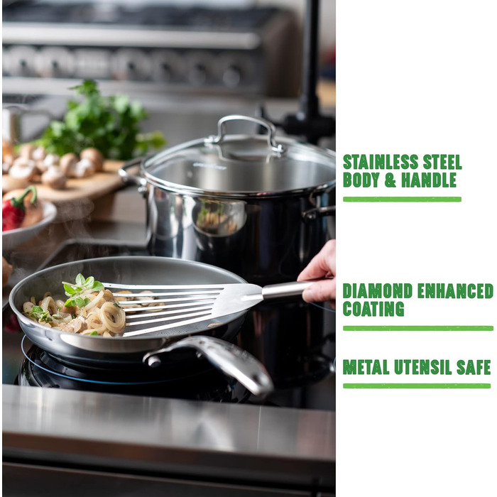 Каструля GreenChef Profile Plus 18 см, 2,1 л, антипригарна кераміка, нержавіюча сталь, з кришкою із загартованого скла, PFAS-free, для індукції, жароміцна до 200°C, срібляста, сіра всередині