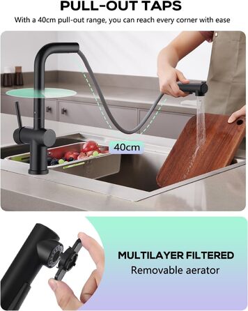 Змішувач кухонний з висувною лійкою, чорний, з двома режимами струменя, 360° обертання, з нержавіючої сталі