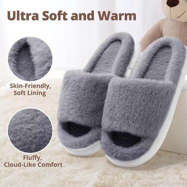 Жіночі плюшеві халапи з штучного хутра, з піною пам'яті, теплі, відкриті, сірі, 36/37 EU