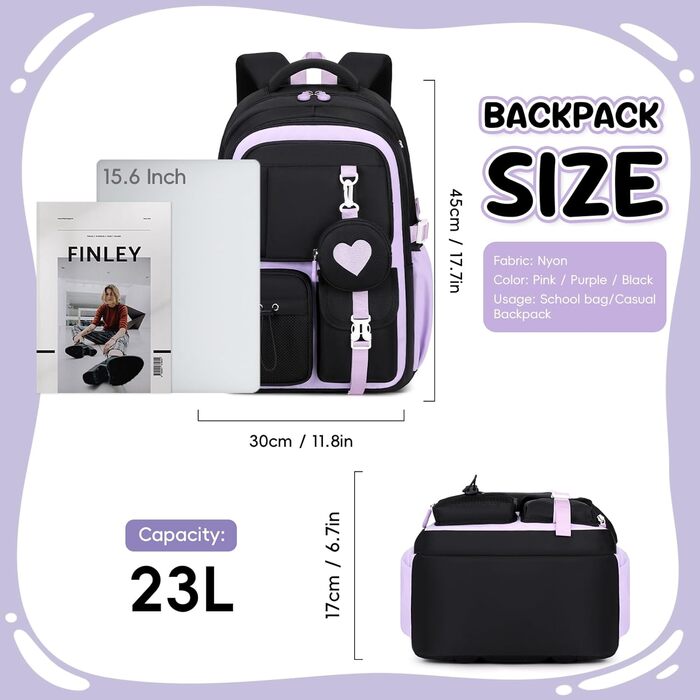 Шкільний рюкзак для дівчаток 1-5 класів з милим брелоком, стильний рюкзак для школи та подорожей, чорний