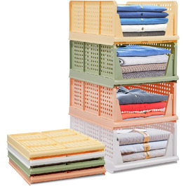 4 Pack Stackable Folding Closet Storage Box Organizer (Easy Open and Fold), Plastic Closet Shelves Storage Box Organizer, Bedroom, Kitchen (Multicolor)