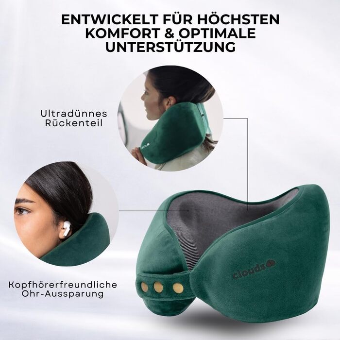 Подушка для шиї CLOUDS для подорожей: Memory Foam, 2 розміри, дихаючий чохол, 5 кольорів (зелений, S/M). Підходить для літака та авто.