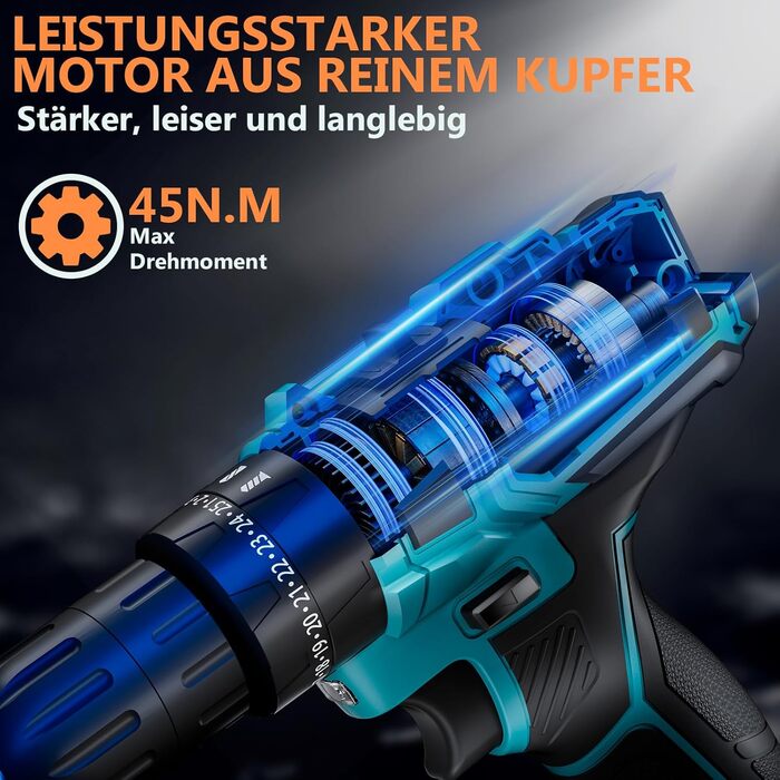 Акумуляторний шурупокрут-дрель 21V з акумулятором 4000mAh, 45Nm, 25+3 ступені, 2 швидкості, LED, 2 акумулятори 2.0Ah та зарядний пристрій, для дому та саду, DIY проєкти (Блакитний)