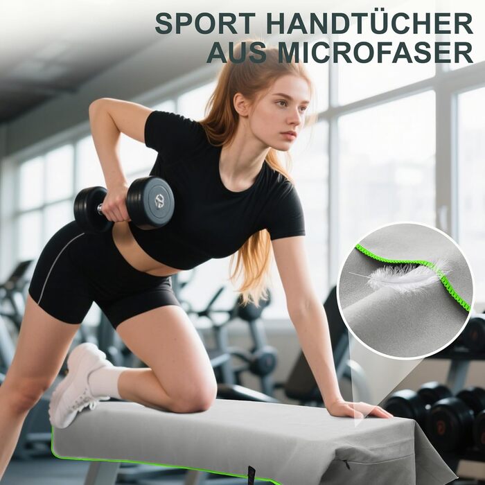 Набір спортивних рушників 2 шт. 120x50 см з кишенею на блискавці, мікрофібра, для фітнесу, тренувань, кемпінгу, подорожей (світло-сірий-зелений)