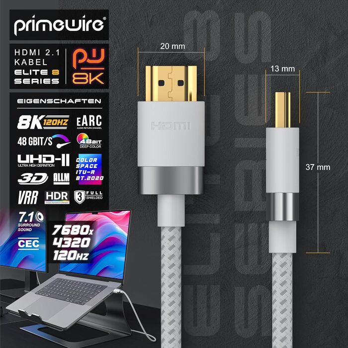 HDMI 2.1 кабель 2 метри - 8K@60Hz/120Hz, 4K@240Hz, 48 Gbit/s, 3D, Ethernet, для PS5, Xbox Series X, Switch, білий
