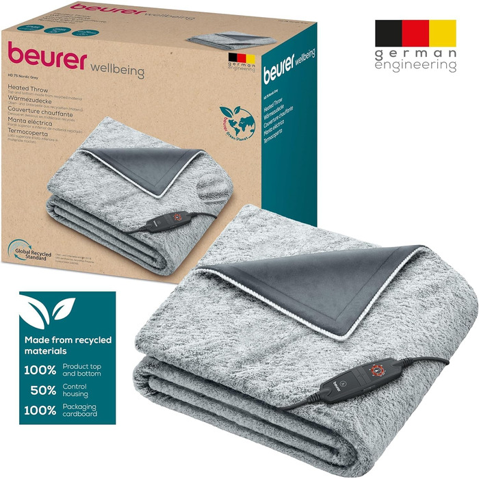 Електрична ковдра Beurer HD 75 Nordic Grey Green Planet, 180x130 см, з еко-матеріалу, 6 температурних режимів, автовимкнення