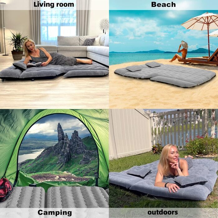 Automatic Inflatable Air Mattress for SUV - Flocked Surface, 2-Pillow Air Bed for Car Trunk, Travel, Camping & Home Use (Light Gray, 185x140x16 cm)
