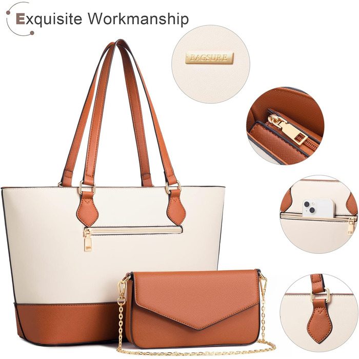 Bagsure Сумка жіноча 4 в 1: сумка-шопер, сумка на плече, сумка для офісу, подорожей (Браун-Бежевий)