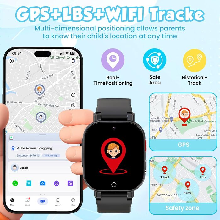 Дитячий розумний годинник 4G GPS з відеодзвінками та SOS, WiFi, крокомір, будильник, ігри, для дівчаток та хлопчиків від 4 років, чорний