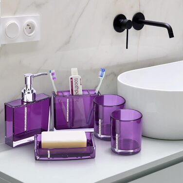 5-Piece Bathroom Accessory Set includes emulsion bottle, toothbrush holder, 2 rinsing cups, soap dish, plastic gift bath set, white (purple)