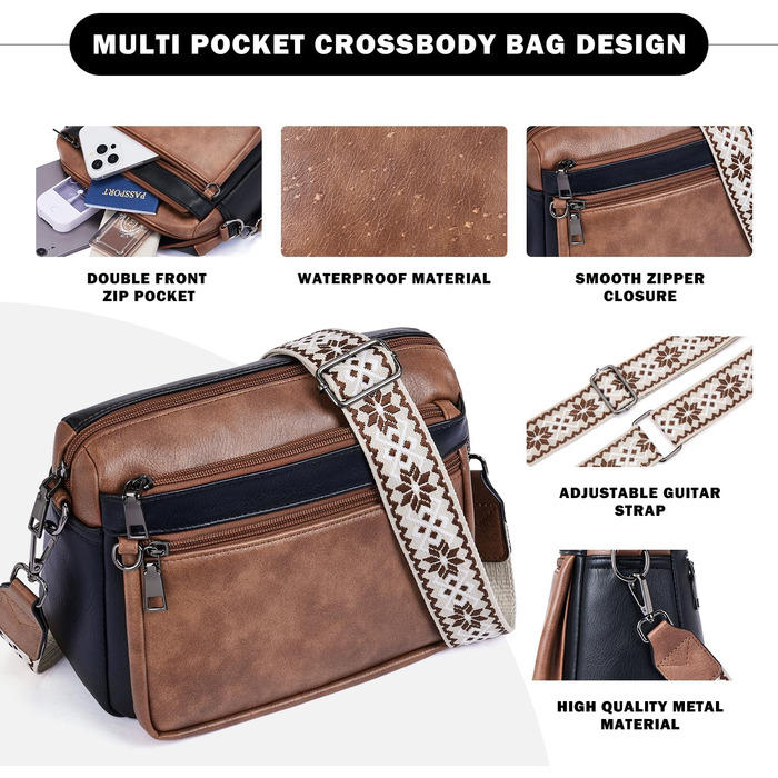 Сумка жіноча через плече MUIIKOLA середнього розміру, екошкіра, чорно-коричнева, з широким м'яким ременем