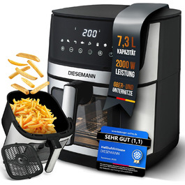 Фритюрниця повітряна DIESEMANN XXL 7.3L – 2000W з 2 нагрівальними елементами (верхній та нижній нагрів), вікно огляду та 8 програмами – для смаження, випікання та грилю без олії
