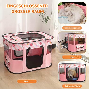 Портативний вольєр для цуценят та котів ALLSOPETS - складаний, для дому, вулиці, подорожей (Рожевий з полуничками, M)