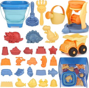 YIMORE Sand Toys for Boys and Girls, 30 Pieces Sandbox Beach Toy Set with Sand Molds, Sand Toys for Ages 2, 3, 4, 5