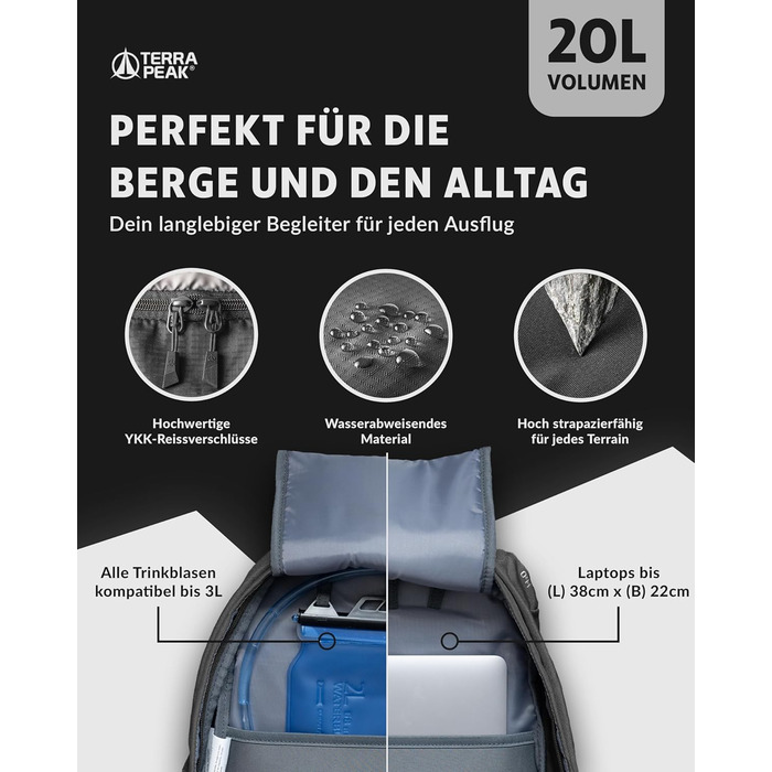20L Flex 20 Premium Wanderrucksack (small) with back ventilation, hydration system & rain cover - Trekking backpack made of breathable 3D Air Mesh Polyester - Outdoor daypack with hip belt (Gray)