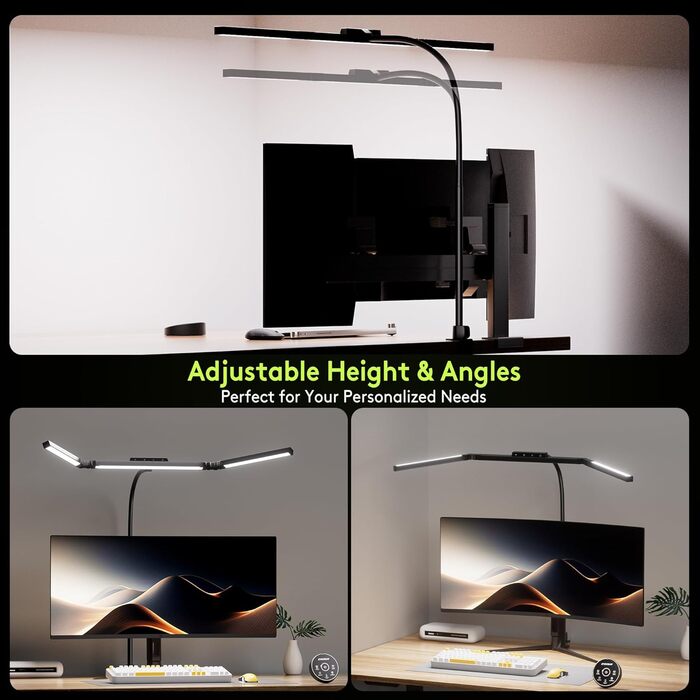 Настільна лампа для робочого столу з 3 джерелами світла, 24W, 100см, денне світло, з пультом дистанційного керування, регульована яскравість, лампа для монітора, модель «Лебідь», матовий чорний колір
