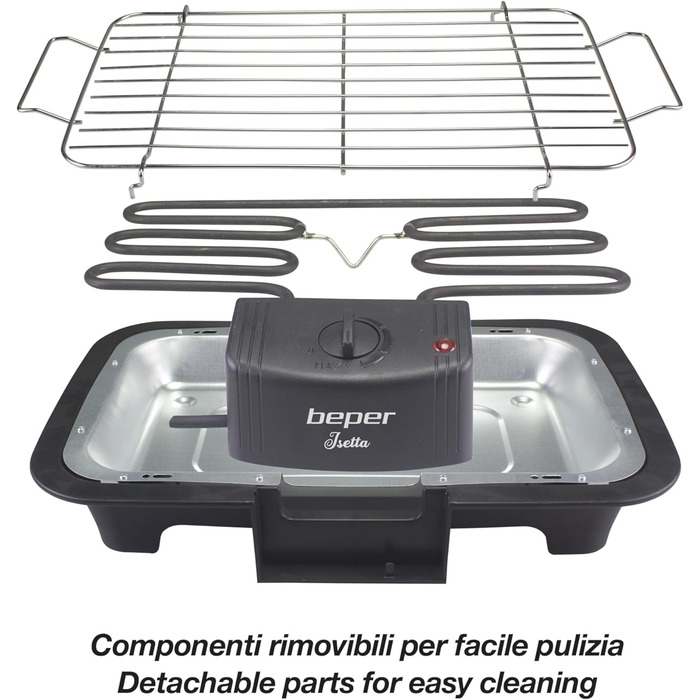 BEPER Electric Grill with Glass Lid - Coated Grill Plate, Stainless Steel, Black (2000W)