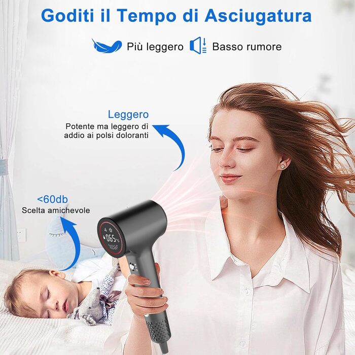 Фен для волосся з плазмою та безщітковим мотором 110 000 об/хв – швидке сушіння, тиха робота, з магнітною насадкою, для дому та подорожей (темно-сірий)