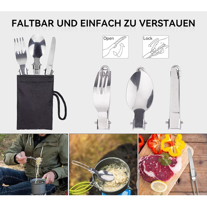 Набір кухонного посуду ERBO для кемпінгу, 2 особи: каструля з алюмінію, складане приладдя, для пікніків, риболовлі та походів (зелений)