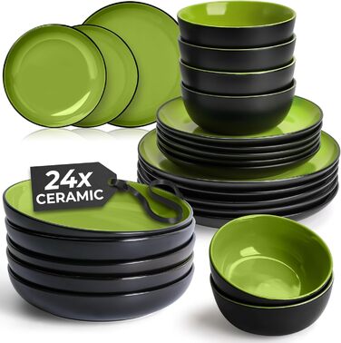 Набір посуду Miamio Le Papillon (24 частини) - 6 персон, тарілки, миски, чашки, супові тарілки, стеатова глина, зелений колір