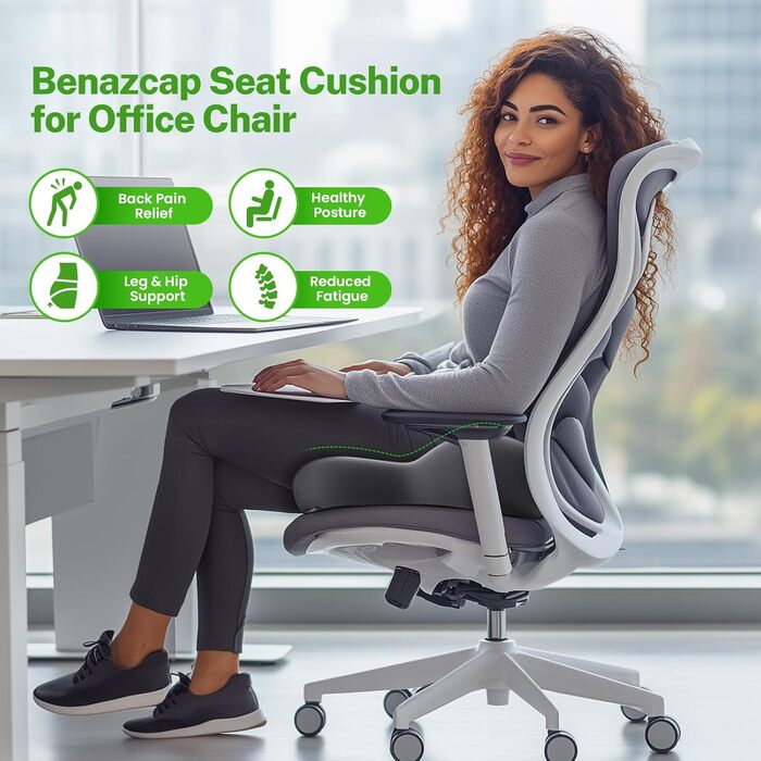 Ортопедична подушка для сидіння Benazcap з Memory Foam - для офісного крісла, автомобіля, інвалідного візка. Зменшує біль у куприку. Чорний/Сірий колір