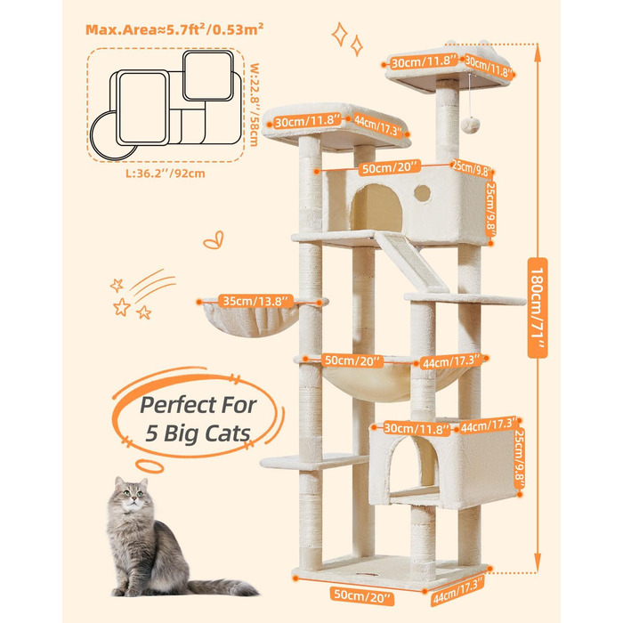 Дерев'яний кігтеточки Taoqimiao MS026W (Бежевий, 180 см) з 2 будиночками, гамаком та 8 кігтеточками