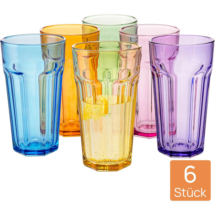 Gigi Rainbow Blast Mix Large Drinking Glasses 700 ml Cocktail Glasses, Set of 6 Iced Coffee Glasses, Large Long Drink Glasses XXL Colorful Glasses Lemonade Glasses Juice Glasses Smoothie Glasses