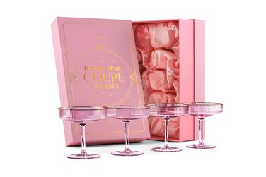 Набір келихів Art Deco з вишуканим рожевим кольором та золотим обідком (4 шт, 200 мл) | Для шампанського, коктейлів (Espresso Martini, Cosmopolitan, Daiquiri) | Скляні чаші для бару Speakeasy